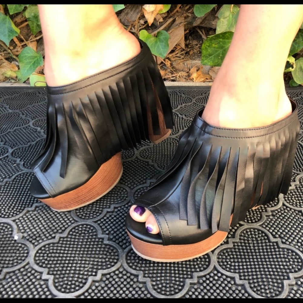 Fringe Black Faux Leather Chunky Wedge Toe